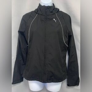 Puma Jacket Women Sz S Black Windbreaker Full Zip Long Sleeve Hood Zipped Pocket